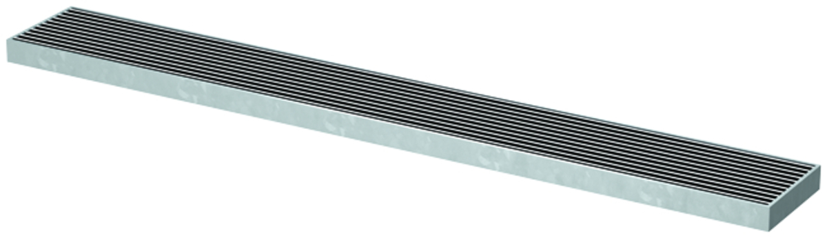 Render de la reja para canal PROFILINE/ROOFLINE, reja heelguard en acero inoxidable AISI304 de dimensiones L1000 A100 H20 sin sistema de fijación, clase de carga peatonal.