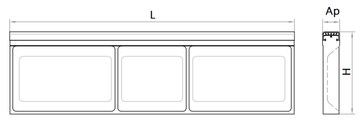 Esquema técnico do perfis elástico SPORT L1000 A60 H200 em betão polimérico com perfil macio in jetado diretamente em EPDM