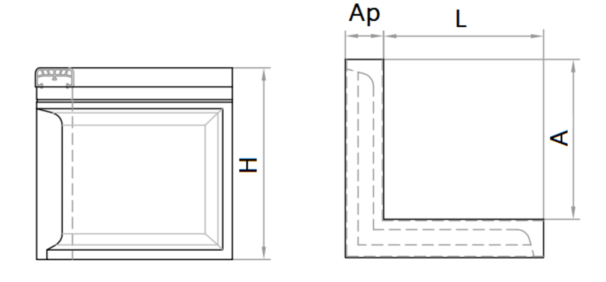 Esquema técnico do perfis elástico esquina SPORT L250X250 A60 H250 em betão polimérico com perfil macio in jetado diretamente em EPDM