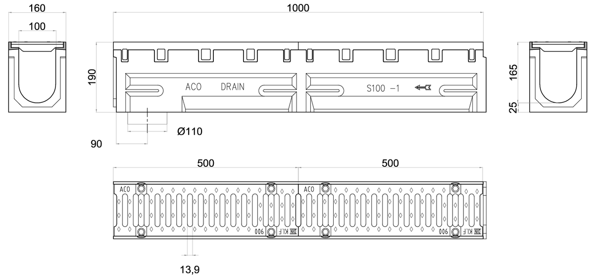 Esquema técnico del conjunto de canal S100 L1000 H190 en hormigon polímero con premarca para salida vertical DN/OD 110 y reja pasarela en fundición F900 con sistema de fijación por tornillos