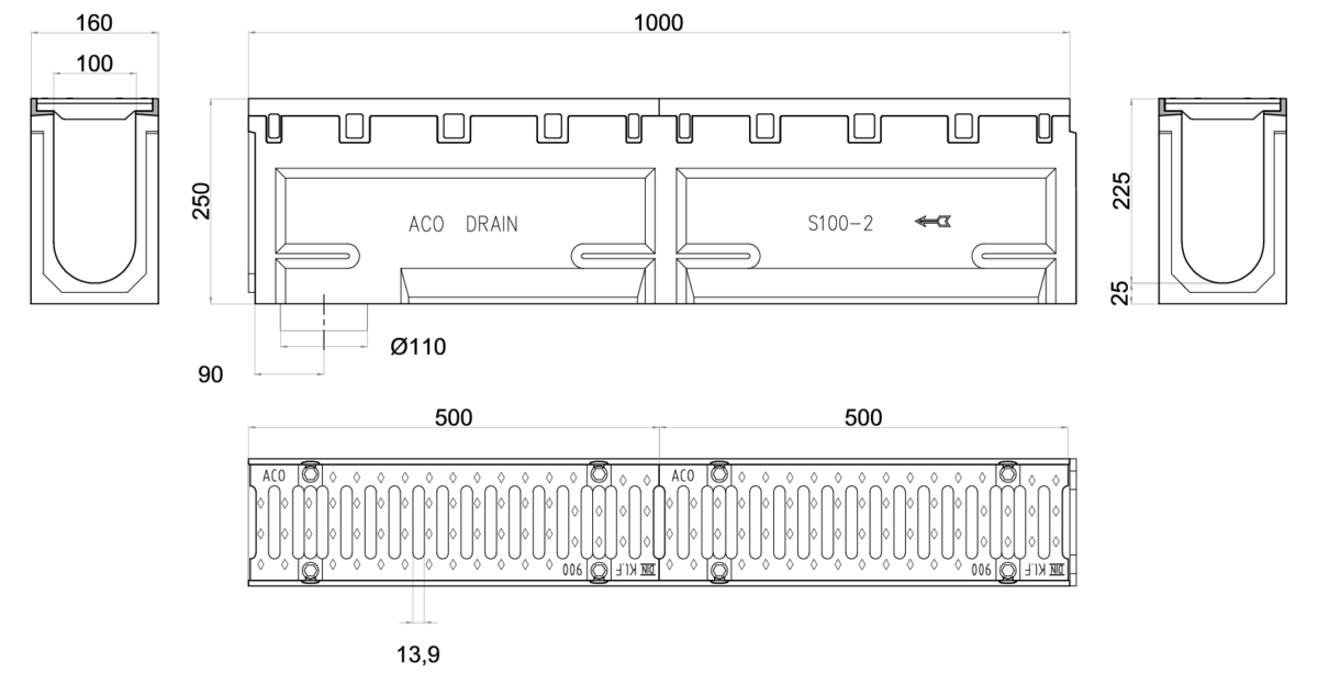 Esquema técnico del conjunto de canal S100 L1000 H250 en hormigon polímero con premarca para salida vertical DN/OD 110 y reja pasarela en fundición F900 con sistema de fijación por tornillos