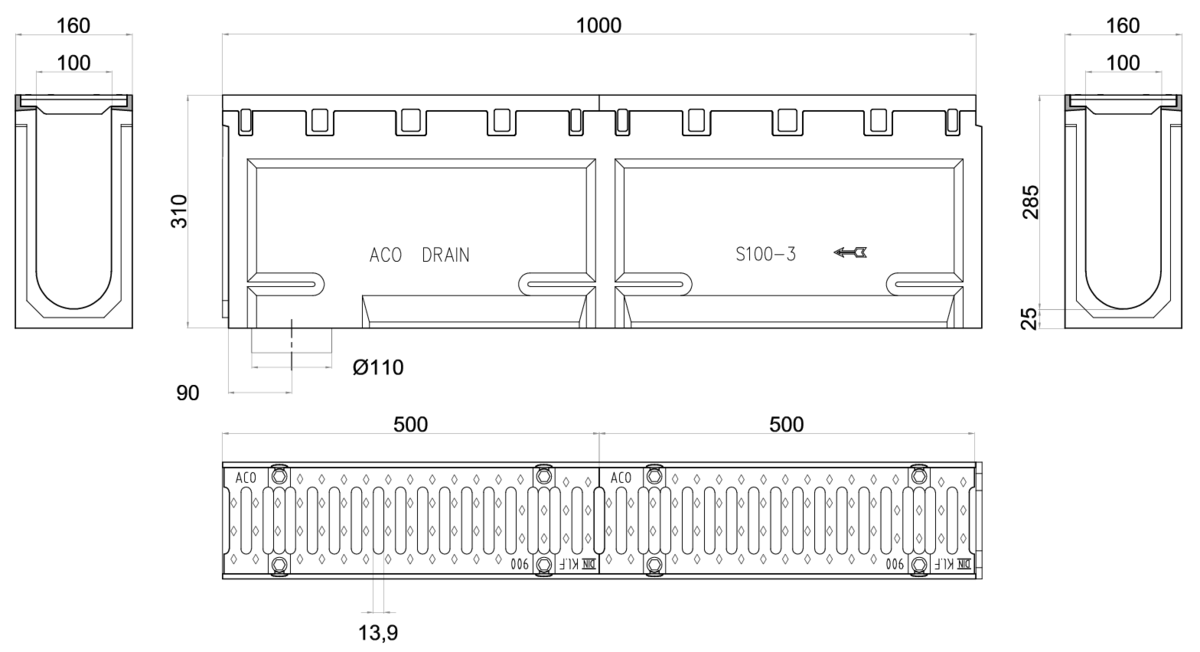 Esquema técnico del conjunto de canal S100 L1000 H310 en hormigon polímero con premarca para salida vertical DN/OD 110 y reja pasarela en fundición F900 con sistema de fijación por tornillos