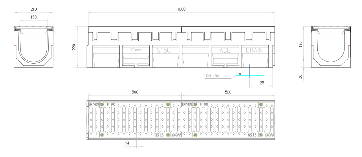 Esquema técnico del conjunto de canal S150 L1000 H220 en hormigon polímero con premarca para salida vertical DN/OD 160 y reja pasarela en fundición F900 con sistema de fijación por tornillos