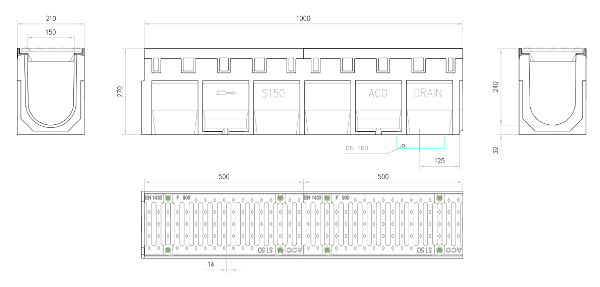 Esquema técnico del conjunto de canal S150 L1000 H270 en hormigon polímero con premarca para salida vertical DN/OD 160 y reja pasarela en fundición F900 con sistema de fijación por tornillos