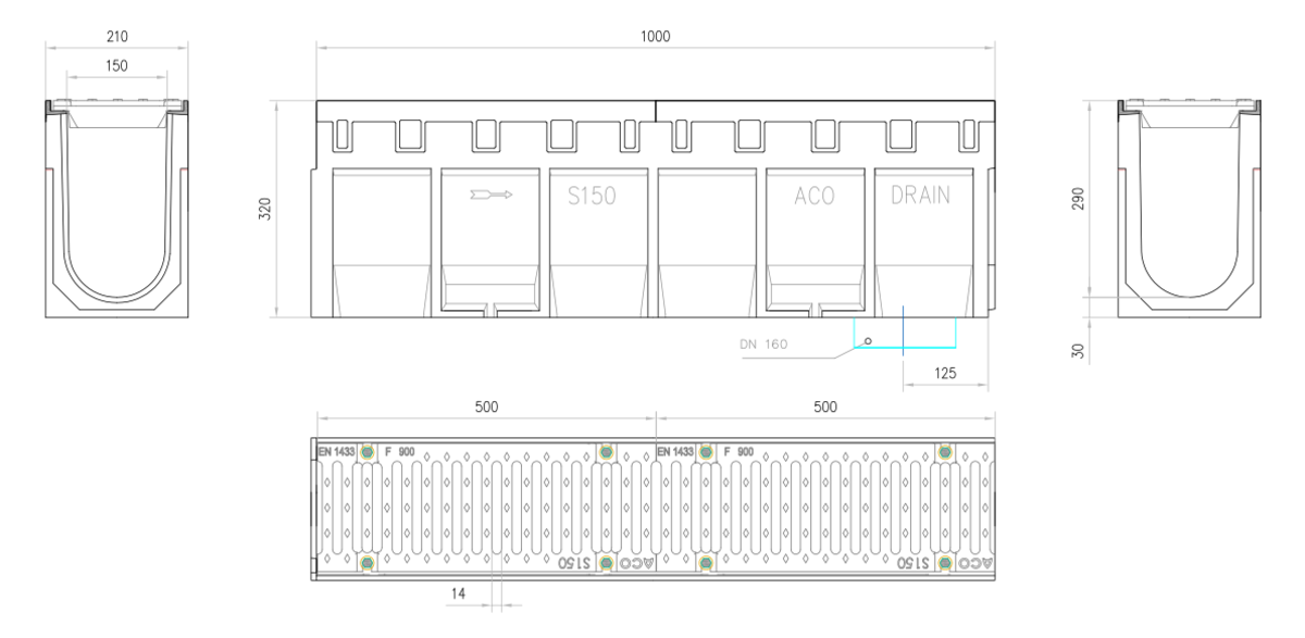 Esquema técnico del conjunto de canal S150 L1000 H320 en hormigon polímero con premarca para salida vertical DN/OD 160 y reja pasarela en fundición F900 con sistema de fijación por tornillos