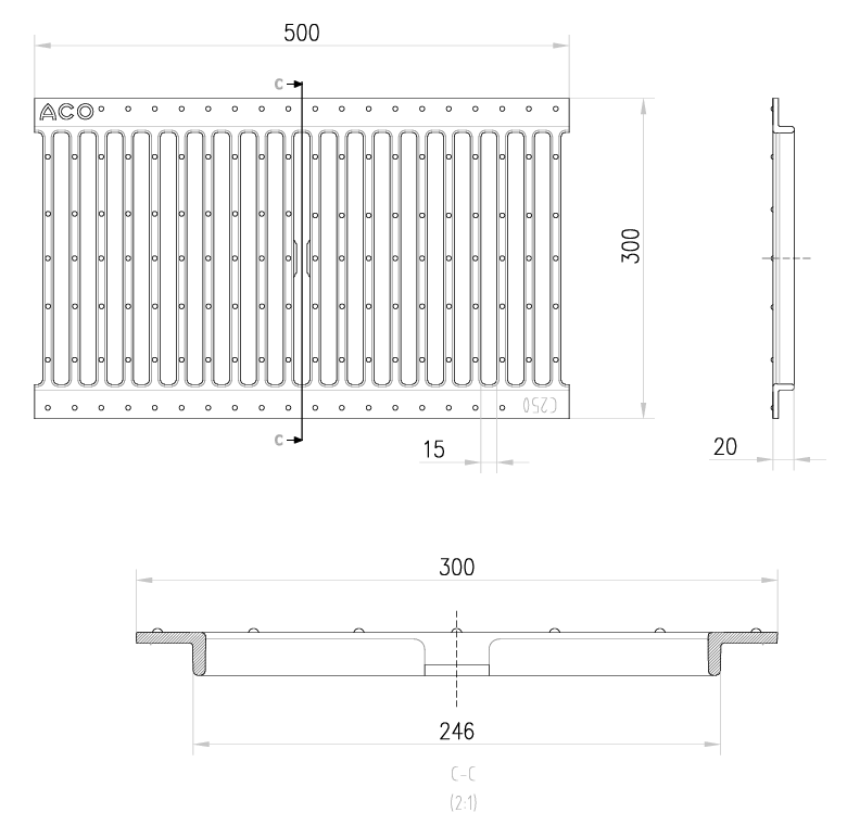 Esquema técnico de la reja para canal SELF 300, reja pasarela en fundición de dimensiones L500 A300 H25 con sistema de fijación por clavija, clase de carga C250.