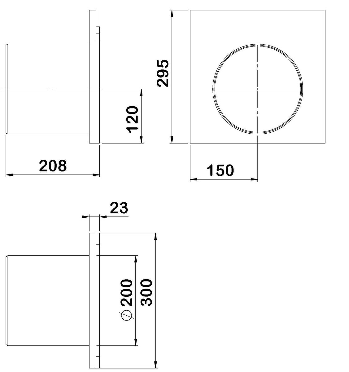 Esquema técnico de la tapa inicio/final con manguito DN/OD 200 para el canal SELF 300 L208 A300 H295 en hormigón polímero.