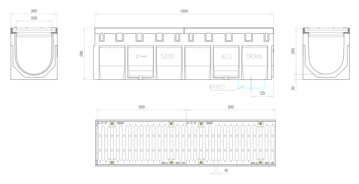 Esquema técnico del conjunto de canal S200 L1000 H290 en hormigon polímero con premarca para salida vertical DN/OD 160 y reja pasarela en fundición F900 con sistema de fijación por tornillos