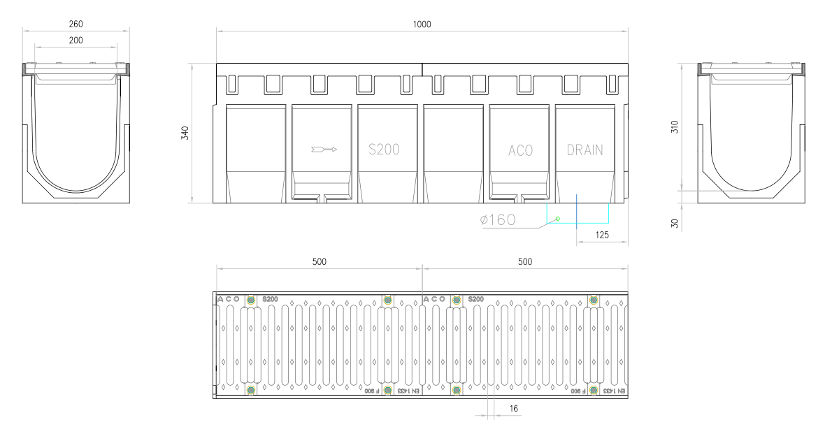 Esquema técnico del conjunto de canal S200 L1000 H340 en hormigon polímero con premarca para salida vertical DN/OD 160 y reja pasarela en fundición F900 con sistema de fijación por tornillos