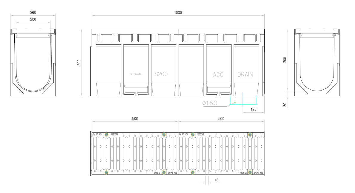 Esquema técnico del conjunto de canal S200 L1000 H390 en hormigon polímero con premarca para salida vertical DN/OD 160 y reja pasarela en fundición F900 con sistema de fijación por tornillos