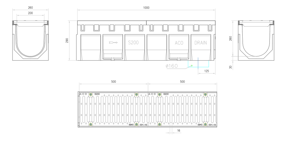 Esquema técnico del conjunto de canal S200 L1000 H290 en hormigon polímero con premarca para salida vertical DN/OD 160 y reja pasarela en fundición D400 con sistema de fijación por tornillos