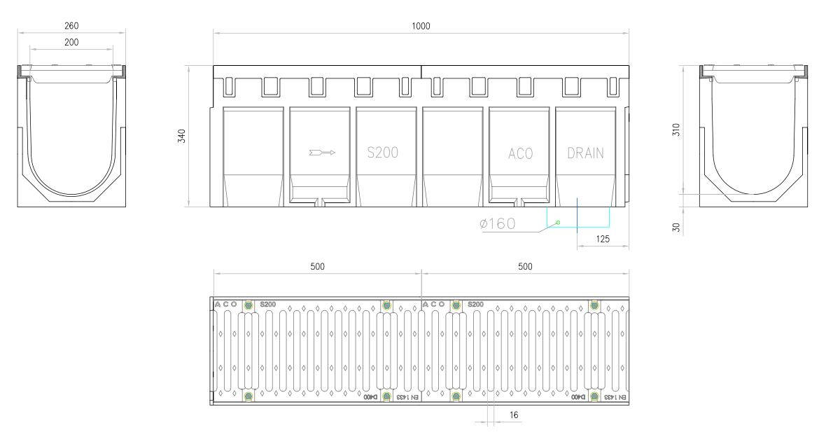 Esquema técnico del conjunto de canal S200 L1000 H340 en hormigon polímero con premarca para salida vertical DN/OD 160 y reja pasarela en fundición D400 con sistema de fijación por tornillos