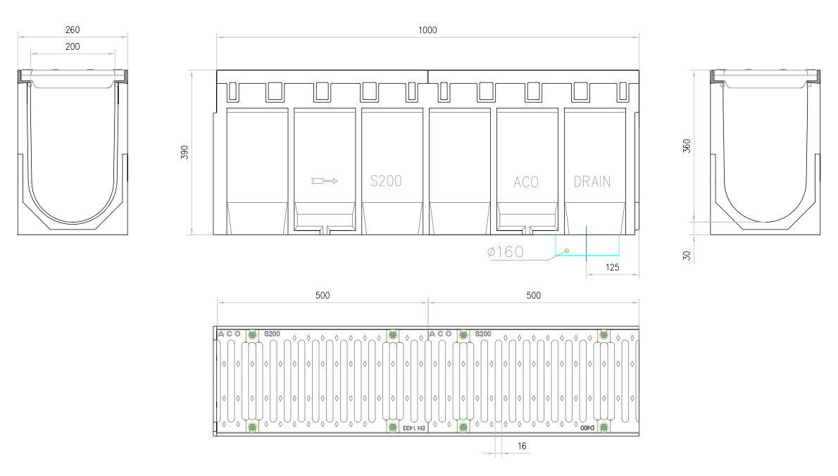 Esquema técnico del conjunto de canal S200 L1000 H390 en hormigon polímero con premarca para salida vertical DN/OD 160 y reja pasarela en fundición D400 con sistema de fijación por tornillos