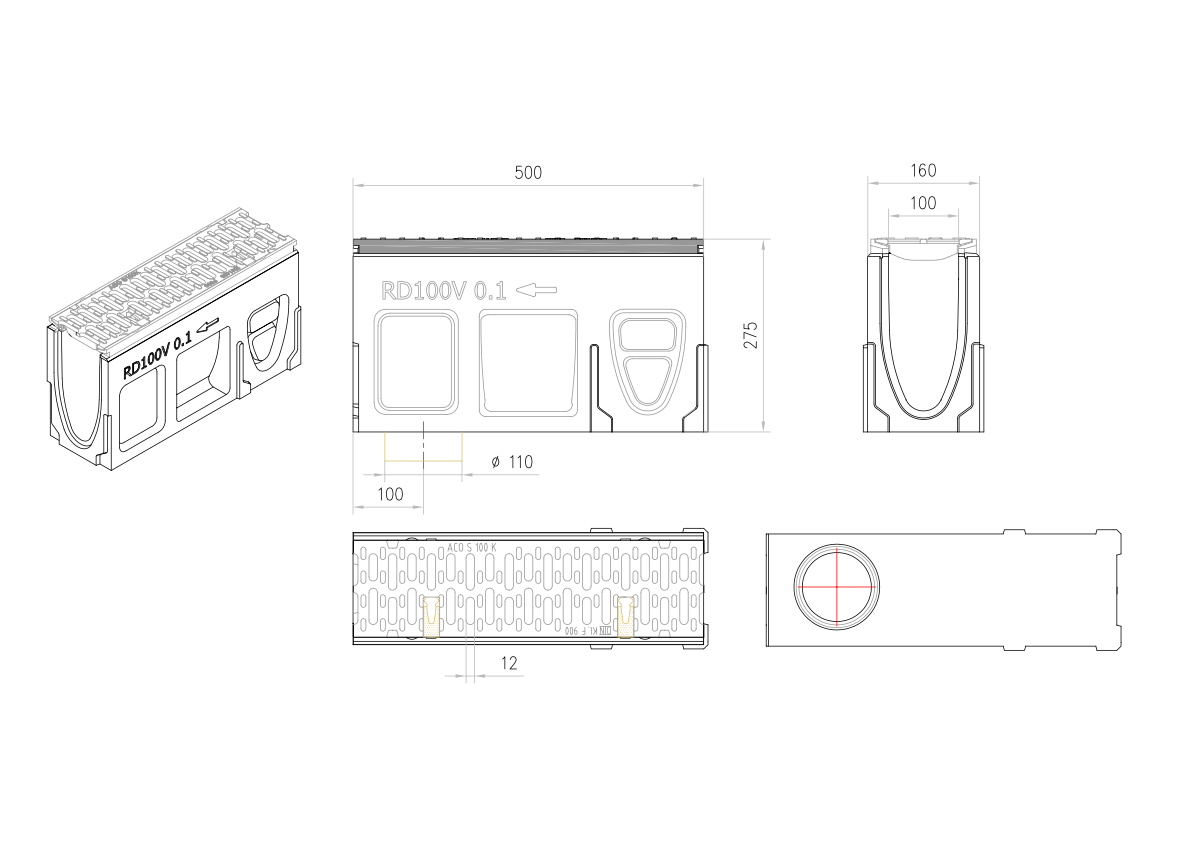 Esquema técnico del canal registro MONOBLOCK RD100V 0.1 L500 H275 de hormigón polímero con reja pasarela de fundicón F900, sistema de fijación Drainlock, preformas laterales rompibles L-T-X y preforma vertical rompible