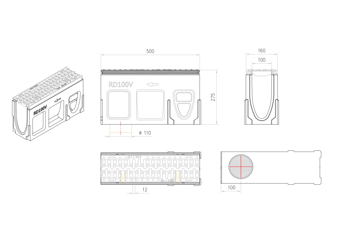 Esquema técnico del canal registro MONOBLOCK RD100V 0.2 L500 H275 de hormigón polímero con reja pasarela de fundicón F900, sistema de fijación Drainlock, preformas laterales rompibles L-T-X y junta labiolaberíntica