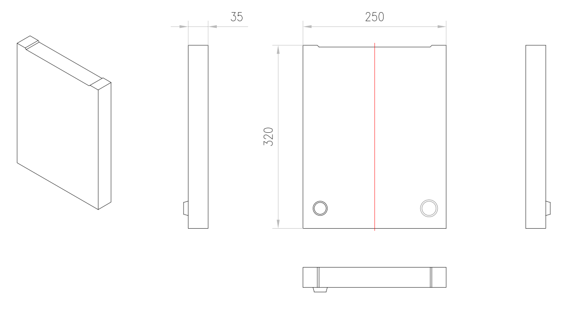 Esquema técnico de la tapa inicio/final para el canal MONOBLOCK PD200V 0.0 L40 A250 H320 en homgión polímero.