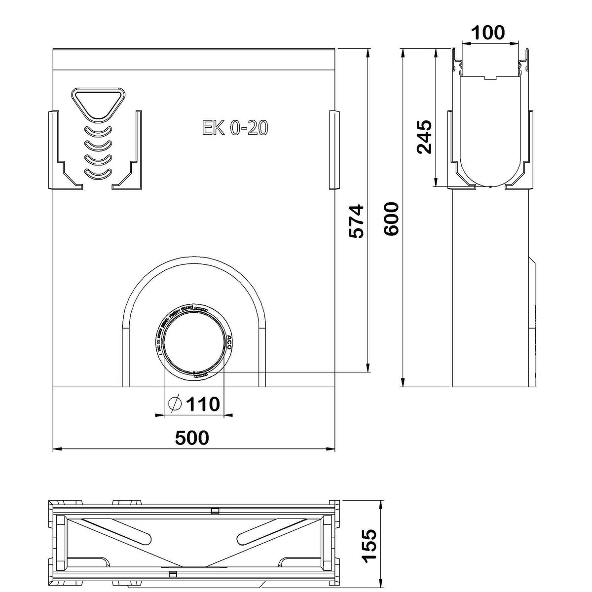 Esquema técnico do sumidouro completo para o canal MULTILINE V100 L500 H600 em betão polímerico, sem grelha, sistema de fixação Drainlock, pré-formas laterais quebráveis L-T-X e junta labiolaberíntica DN/OD 110, com cesto.