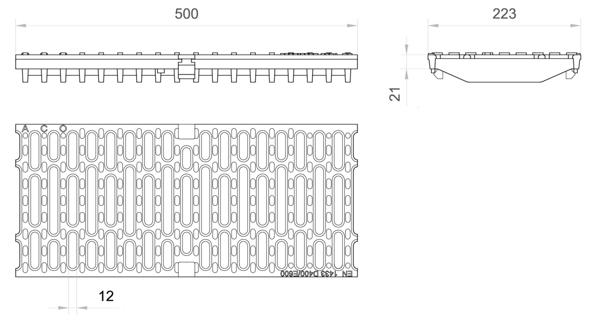 Esquema técnico de la reja para canal MULTIDRIAN/MULTILINE/XTRADRAIN 200, reja pasarela R12 en fundición de dimensiones L500 A223 H21/40 con sistema de fijación Drainlock, clase de carga E600.