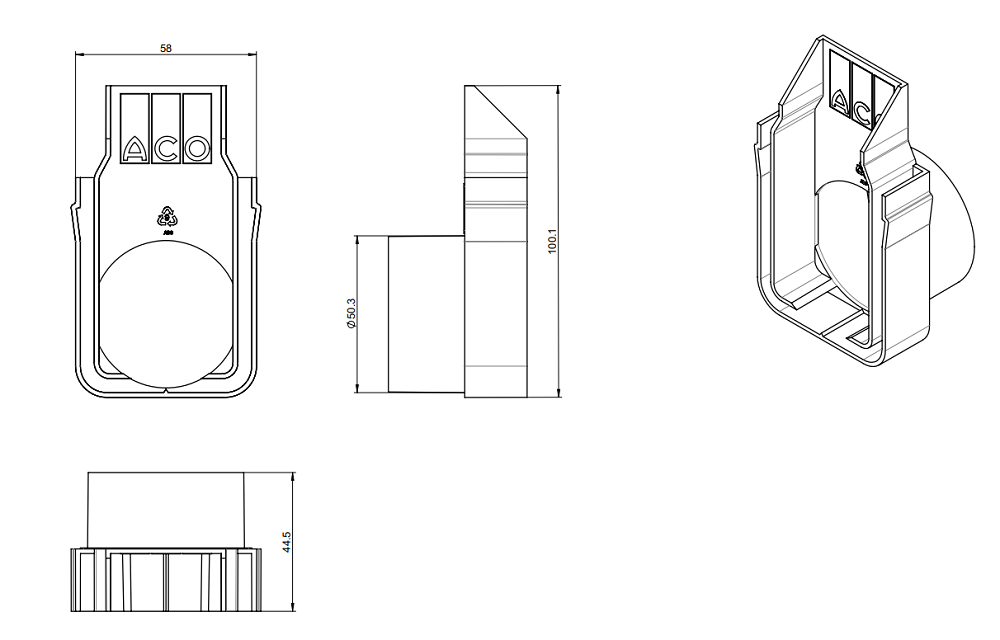 Esquema Tapa Final con Salida Ø050 ACO Slimline Plastico (Threshold)