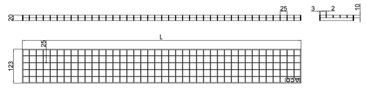 Esquema técnico da grelha para canal Modular 125, grelha entramada lisa 25X25 20X2 em aço inoxidável AISI304 da dimensões L1000 A125 H20 sem sistema de fixação, classe de carga C250.