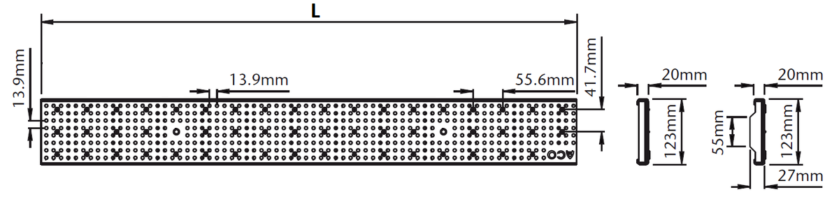 Esquema técnico da grelha para canal Modular 125, grelha perfurada em aço inoxidável AISI304 da dimensões L1000 A125 H20 sem sistema de fixação, classe de carga A15.