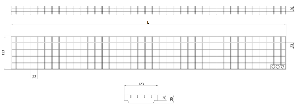 Esquema técnico da grelha para canal Modular 125, grelha entramada lisa 25X25 30X3 em aço inoxidável AISI304 da dimensões L1000 A125 H20/30 sem sistema de fixação, classe de carga C250.