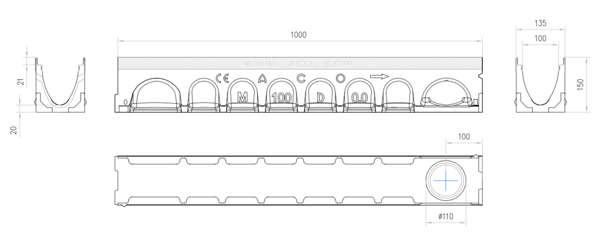 Esquema técnico del canal MULTIDRAIN 100 0.0 L1000 H150 de hormigón polímero sin reja, sistema de fijación Drainlock y con premarca rompible DN/OD110