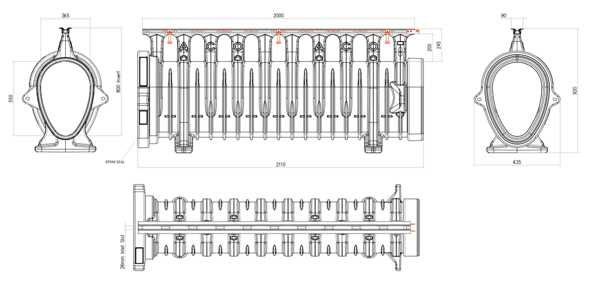 Esquema técnico del canal QMAX 550 L2000 en polietileno de alta densidad (HDPE) y reja Q-Flow de acero galvanizado F900