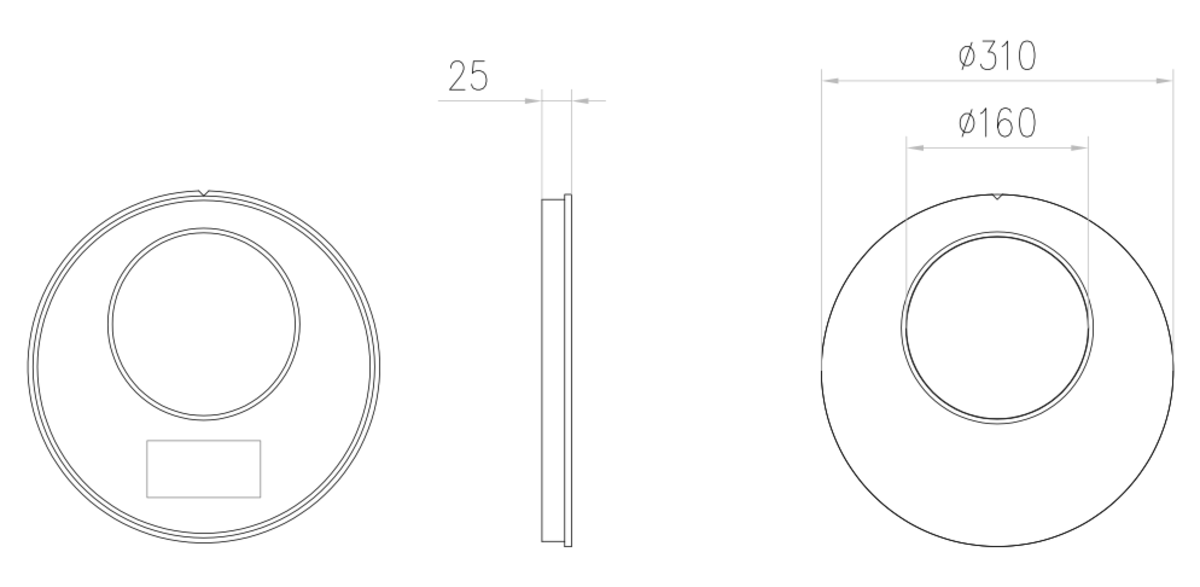 Esquema técnico del adaptador para cambio de canal QMAX 150-225 L25 Ø316 de polietileno.