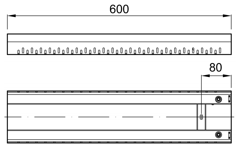 Esquema técnico do elemento de compensação final para o canal PROFILINE em aço galvanizado, L600 A100 H55/75.