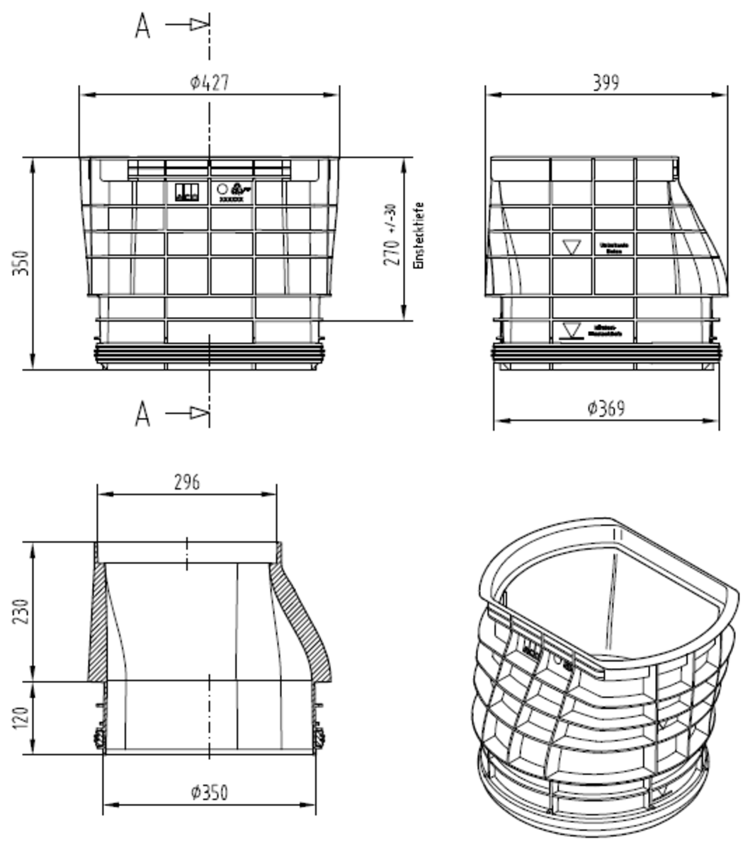 Esquema técnico del adaptador del COMBIPOINT fabricado en polipropileno para rejas tipo MULTITOP.