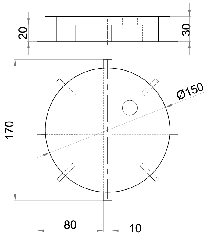 Esquema técnico de la reja para sumidero EG, reja ranurada en acero inoxidable AISI304 de dimensiones Ø170 H30 sin sistema de fijación, clase de carga M125.