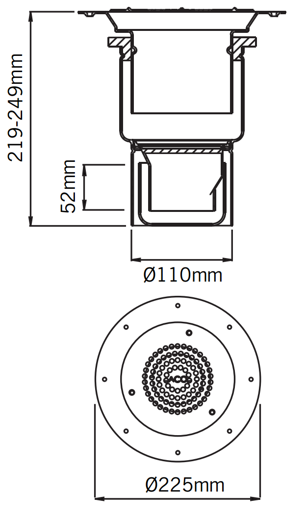 Esquema técnico del sumidero EG150 FIJO, fabricado en acero inoxidable AISI304, de dimensiones Ø157 H42 con marco para clipaje de tela, salida vertical DN40, con sifón, con reja perforada con fijación clase de carga K3.