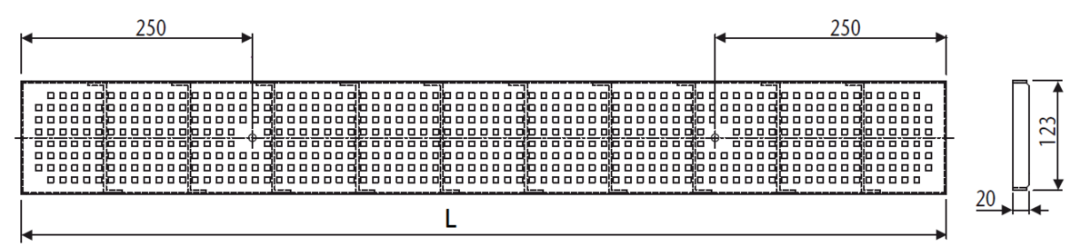 Esquema técnico da grelha para canal Modular 125, grelha quadrato em aço inoxidável AISI304 da dimensões L1000 A125 H20 sem sistema de fixação, classe de carga A15.