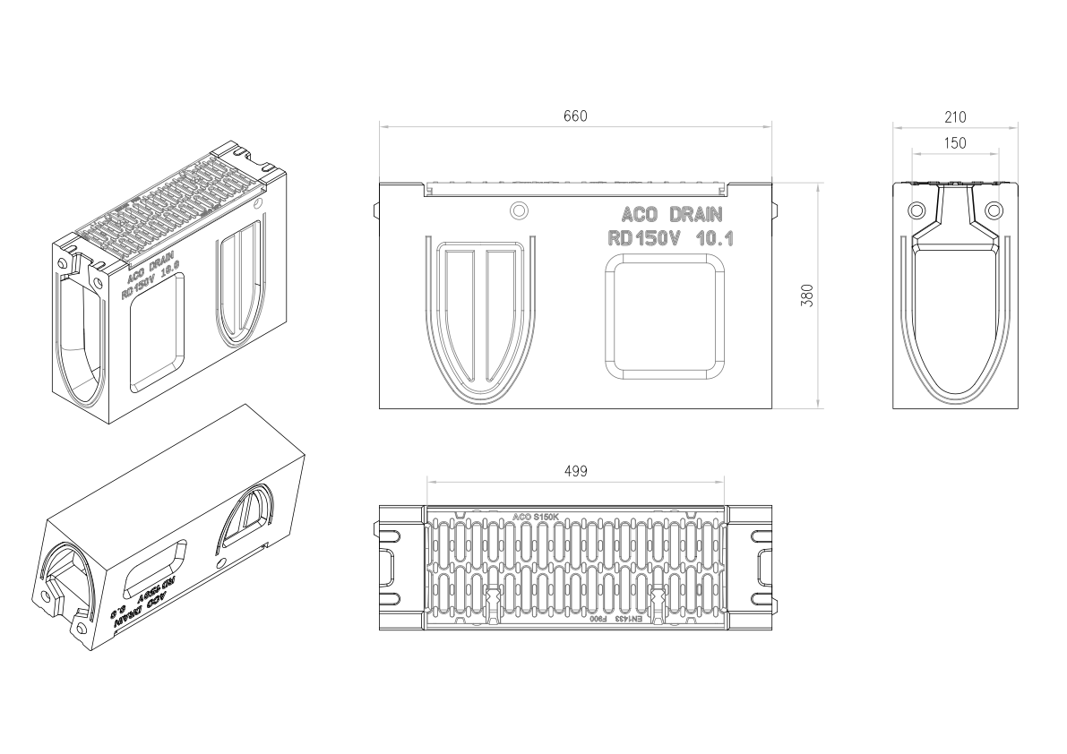 Esquema técnico del canal registro MONOBLOCK RD150V 10.0 L660 H380 de hormigón polímero con reja pasarela de fundicón F900, sistema de fijación Drainlock, preformas laterales rompibles L-T-X