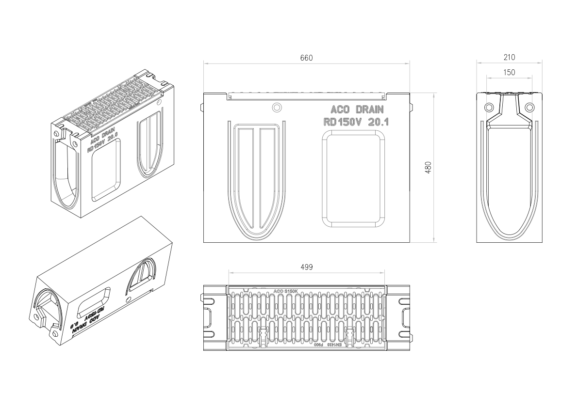 Esquema técnico del canal registro MONOBLOCK RD150V 20.0 L660 H480 de hormigón polímero con reja pasarela de fundicón F900, sistema de fijación Drainlock, preformas laterales rompibles L-T-X