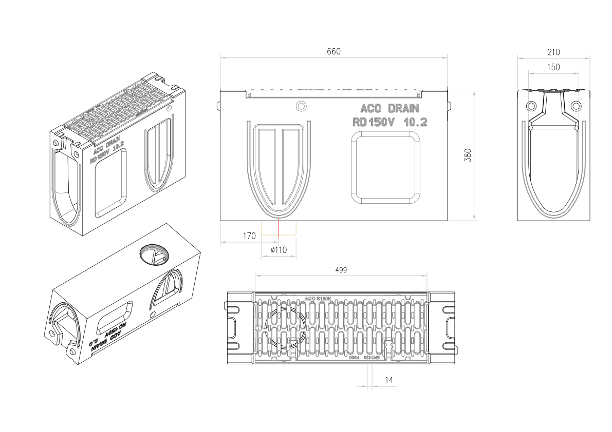 Esquema técnico del canal registro MONOBLOCK RD150V 10.2 L660 H380 de hormigón polímero con reja pasarela de fundicón F900, sistema de fijación Drainlock, preformas laterales rompibles L-T-X y junta labiolaberíntica