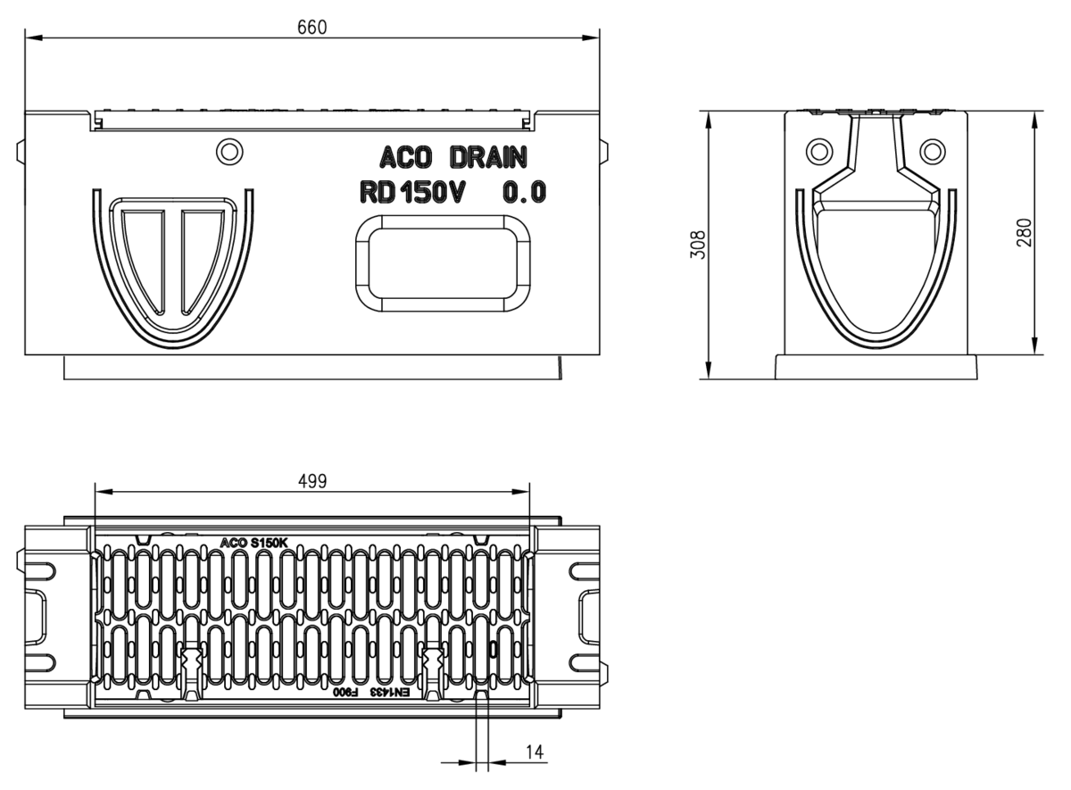 Esquema técnico de la parte superior del sumidero para el canal MONOBLOCK RD150V 0.0 L660 H326 de hormigón polímero, reja pasarela de fundicón F900, sistema de fijación Powerlock, preformas laterales rompibles L-T-X.