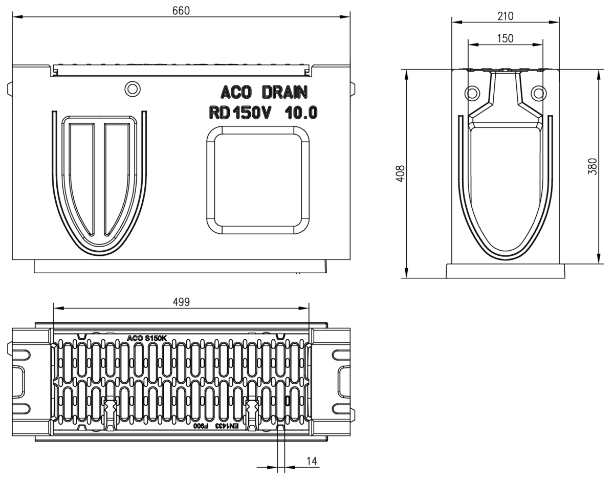 Esquema técnico de la parte superior del sumidero para el canal MONOBLOCK RD150V 10.0 L660 H426 de hormigón polímero, reja pasarela de fundicón F900, sistema de fijación Powerlock, preformas laterales rompibles L-T-X.