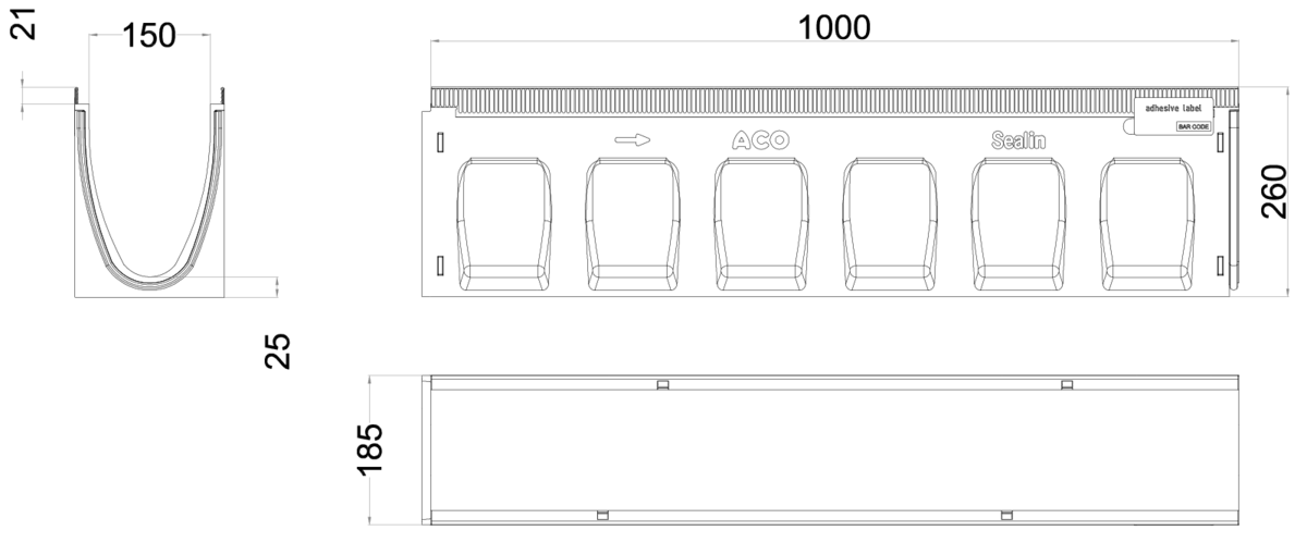 Esquema técnico del canal MULTILINE SEAL IN V150 10.0 L1000 H260 de hormigón polímero sin reja, sistema de fijación Drainlock