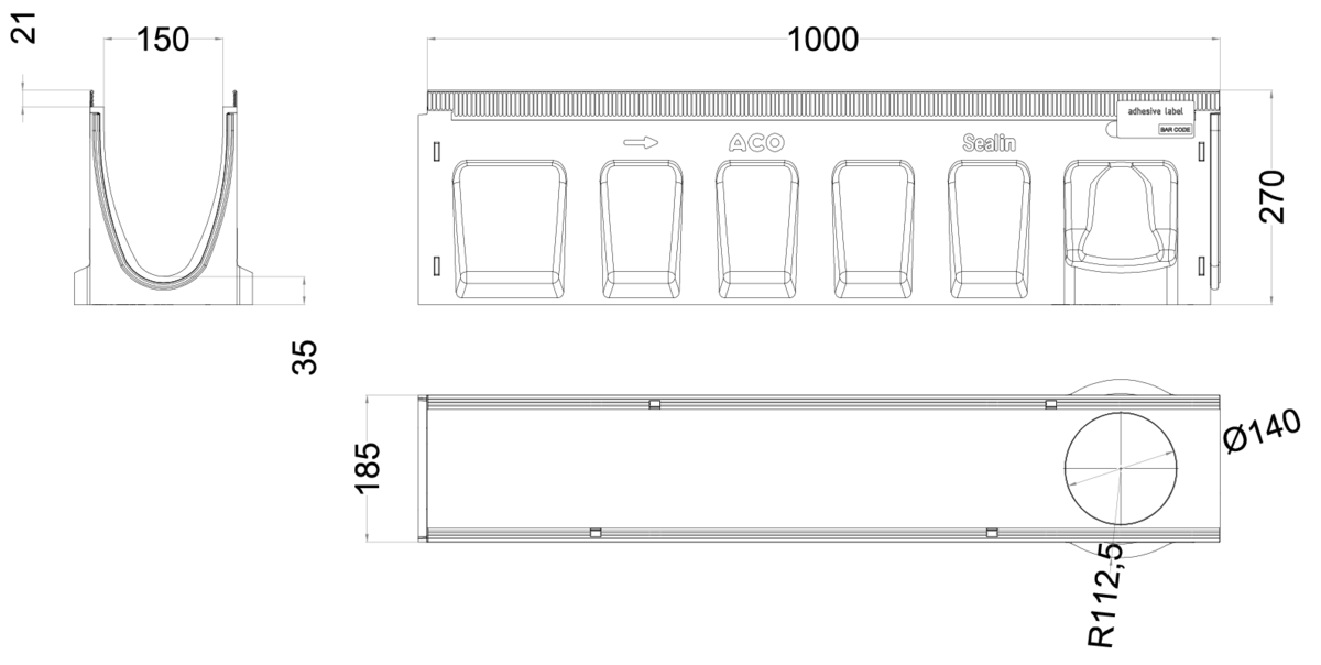 Esquema técnico del canal MULTILINE SEAL IN V150 10.0.2 L1000 H270 de hormigón polímero sin reja, sistema de fijación Drainlock y junta labiolaberintica vertical DN/OD 110