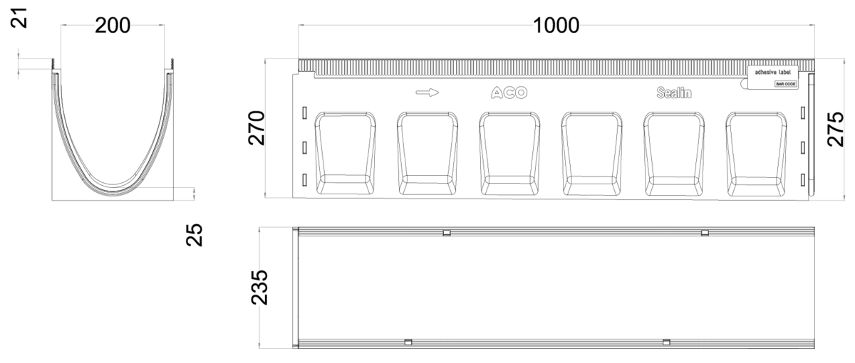 Esquema técnico del canal MULTILINE SEAL IN V200 2 L1000 con pendiente H270-275 de hormigón polímero sin reja, sistema de fijación Drainlock