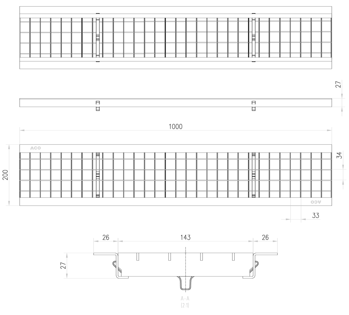 Esquema técnico de la reja para canal N 150/SELF 200, reja entramada 30x30 en acero galvanizado de dimensiones L1000 A200 H27 con sistema de fijación por clavija o Springlock, clase de carga B125.