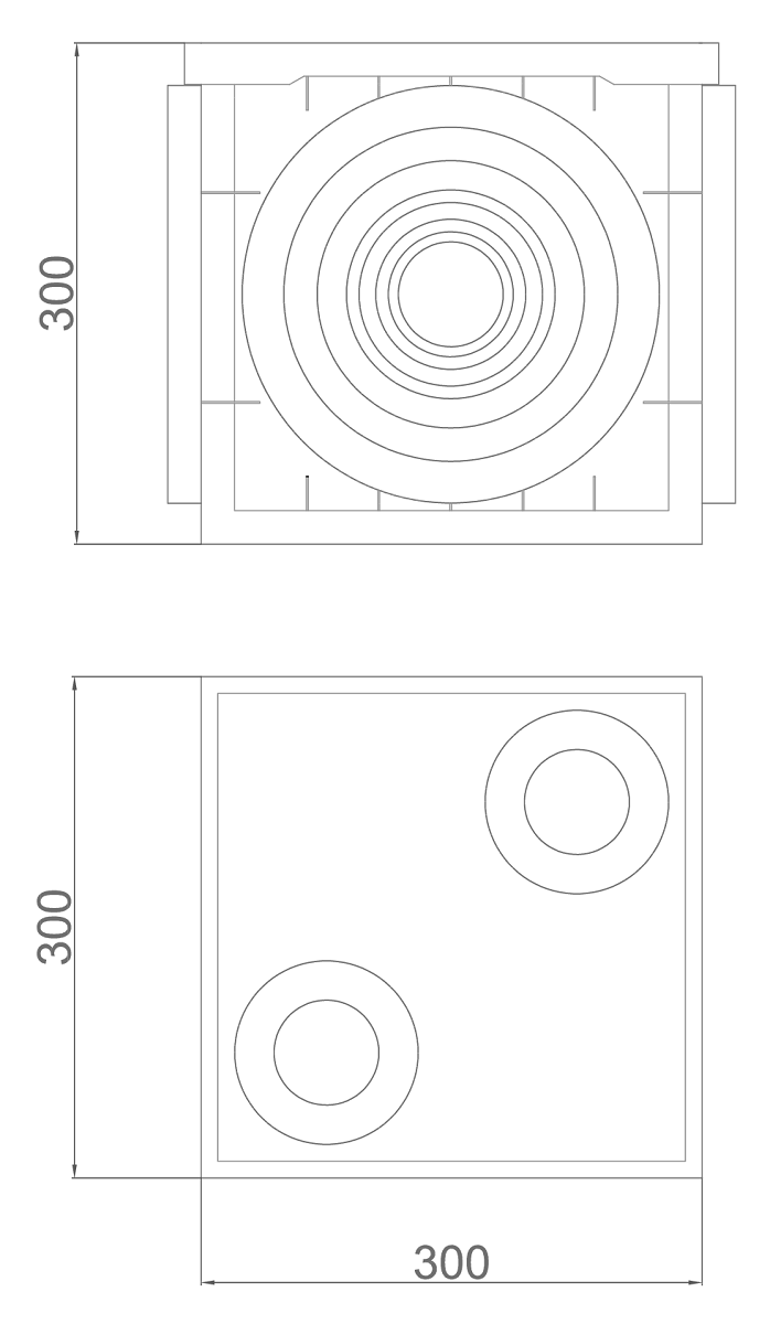 Esquema técnico de la arqueta K-BOX de dimensiones 300x300x300mm.