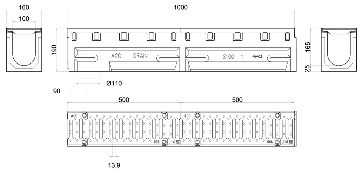 Esquema técnico del conjunto de canal S100 L1000 H190 en hormigon polímero con premarca para salida vertical DN/OD 110 y reja pasarela en fundición D400 con sistema de fijación por tornillos