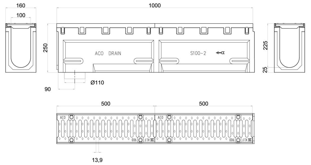 Esquema técnico del conjunto de canal S100 L1000 H250 en hormigon polímero con premarca para salida vertical DN/OD 110 y reja pasarela en fundición D400 con sistema de fijación por tornillos