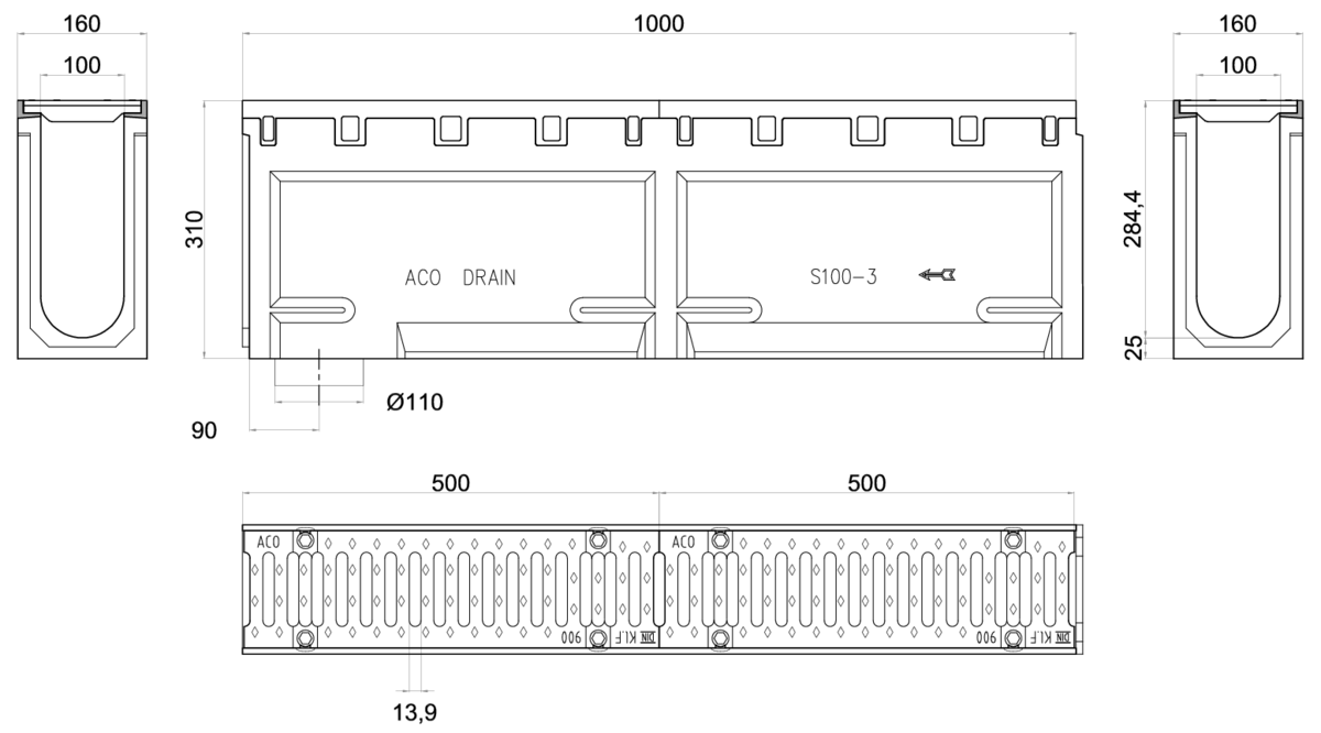 Esquema técnico del conjunto de canal S100 L1000 H310 en hormigon polímero con premarca para salida vertical DN/OD 110 y reja pasarela en fundición D400 con sistema de fijación por tornillos