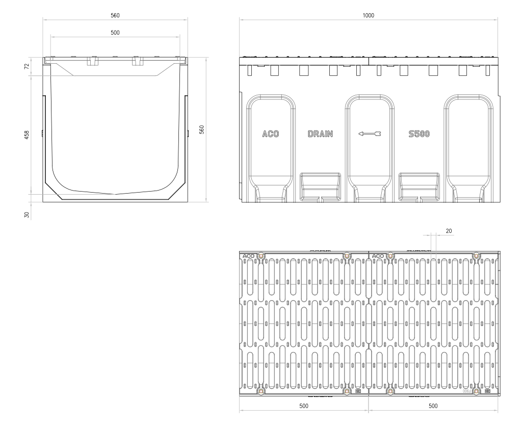 Esquema técnico del conjunto de canal S500 L1000 H560 en hormigon polímero y reja pasarela en fundición F900 con sistema de fijación por tornillos