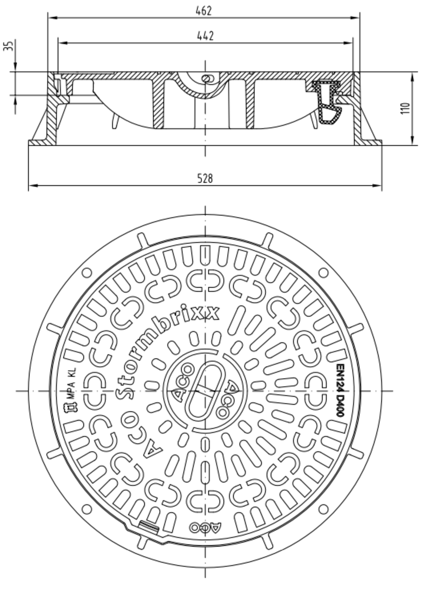 Esquema técnico de la tapa para el tanque STORMBRIXX fabricada en fundición, de dimensiones Ø528 y 110mm de altura, clase de carga D400.