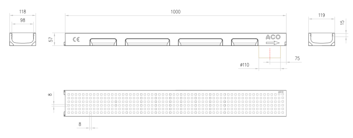 Esquema técnico do conjunto de canal SELF 100 L1000 H55 em betão polímero com pré-marca para saída vertical DN/OD 110 e grelha perfurada quadrada em aço inoxidável A15 com sistema de fixação por clip
